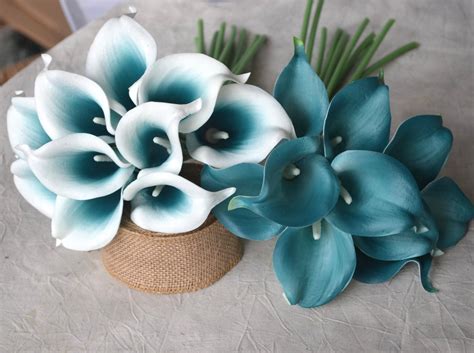 Picasso Teal Blue Calla Lilies Real Touch Flowers For Silk
