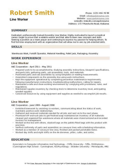 Line Worker Resume Samples | QwikResume