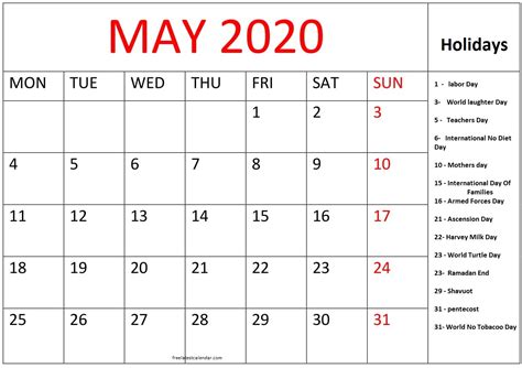 May 2020 Calendar With Holidays National And International Free Latest