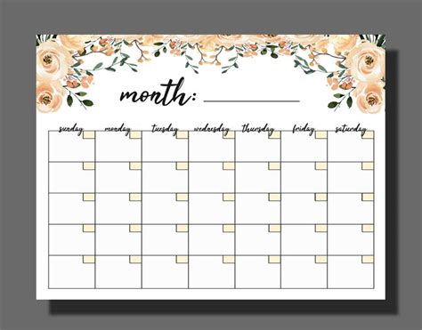 Printable Monthly Calendar Blank Calendar Floral Calendar Etsy