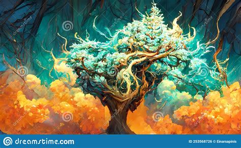 Sacred Tree In A Fantasy Landscape Digital Illustrati Stock