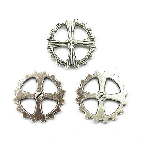 30pcs Antique Silver Tone Connectors Pendants Round Gearwheel Metal