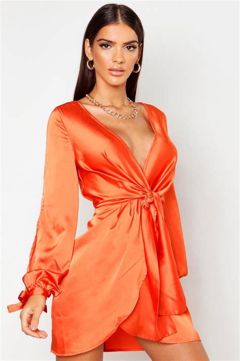 Womens Satin Split Sleeve Twist Front Dress Orange 4 Twist Front Dress Kendall Jenner