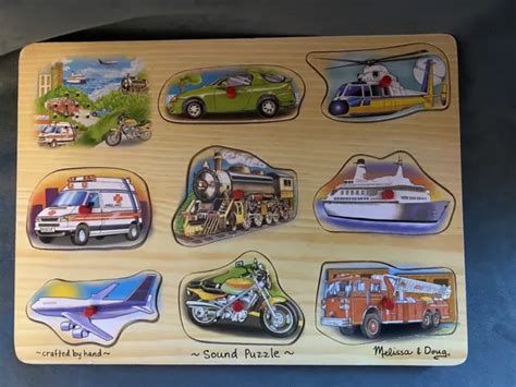 Melissa And Doug Wood 9 Pc Vehicles Peg Puzzle With Sound Effects 795