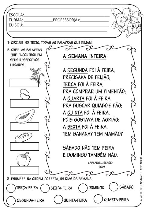 Días laborables learn with flashcards, games and more — for free. Atividade pronta - Texto, rima, dias da semana - A Arte de ...