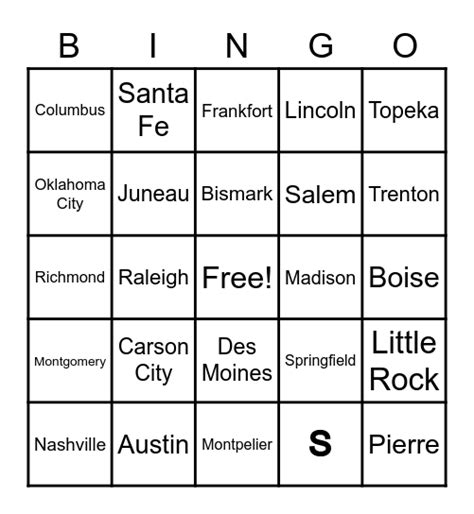 States And Capitals Bingo Card