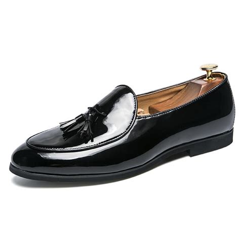 Black Glossy Patent Tassels Mens Loafers Prom Flats Dress