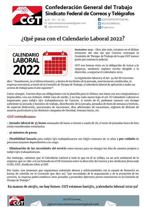 ¿qué Pasa Con El Calendario Laboral 2022 Cgt Correos