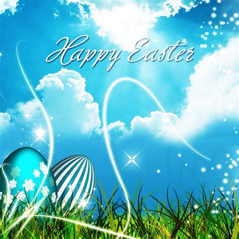An Easter Greeting Card With Two Eggs In The Grass And Blue Sky Behind