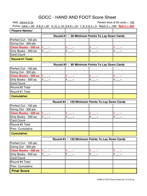 Code of rules and regulations for hand and foot scoring: Hand and Foot Score Sheet - 4 Free Templates in PDF, Word, Excel Download