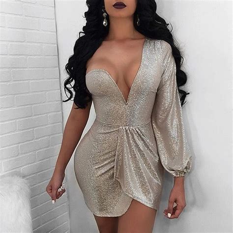 Deep V Neck Sexy Party Ruched Dress Autumn One Shoulder Long Lantern