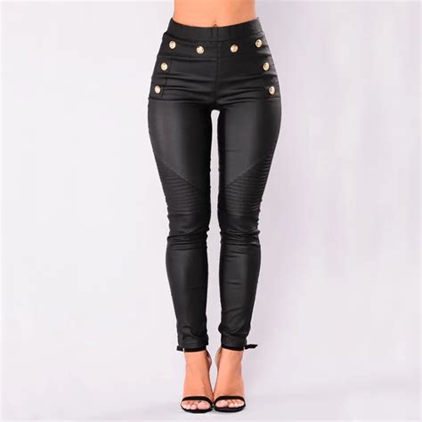 hot high elastic waist black pencil pants women pu leather matte stretch button trousers for