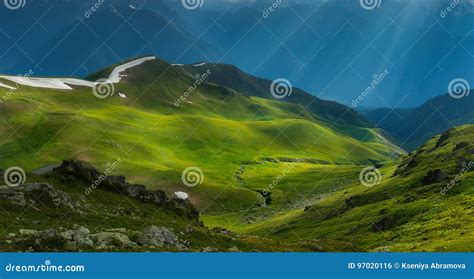 Green River Valley In Beams Of Evening Sun Caucasus Mountains Stock