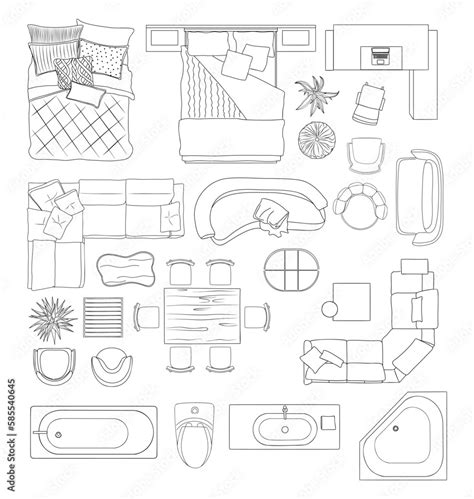 Furniture Outline Top View Set Of Line Art Elements For Interior