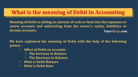 A deferred charge is an expenditure that is paid for in one accounting period, but for which the underlying asset will not be entirely consumed until one or more future periods have been completed. What is the meaning of Debit in Accounting - Tutor's Tips