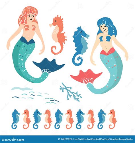 Cute Summer Mermaids With Seahorses Cartoon Vector Illustration Motif