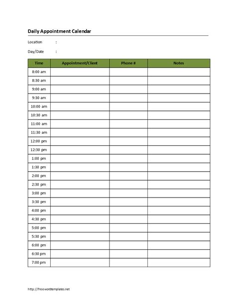 Printable Blank Daily Appointment Calendar Templates At