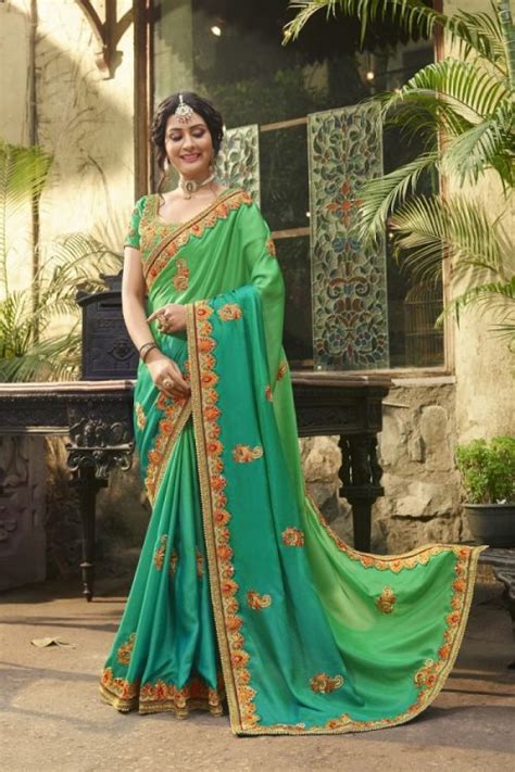 Silk Parrot Green Saree Heavy Embroidery Zari Thread And Coding Work With
