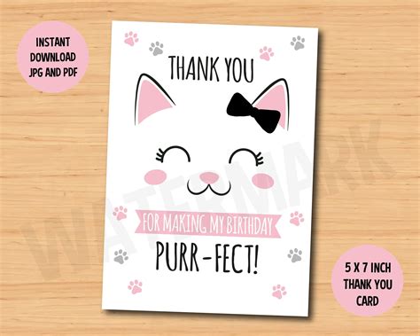 Cute Cat Thank You Card Instant Download Cats Thank You Tags Etsy Uk