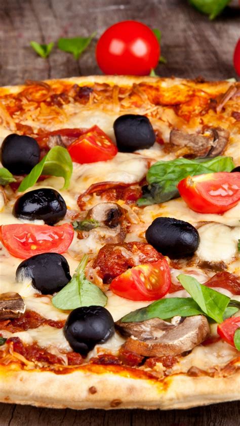 Pizza Tomatoes Olives Mushrooms Cheese Dish Leaves Food Iphone