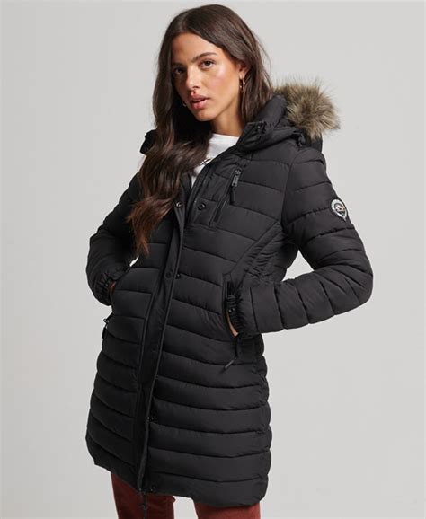 Womens Faux Fur Hooded Mid Length Puffer Jacket In Black Superdry Uk