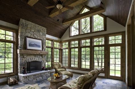 Rustic Screen Porch With Cathedral Beadboard Ceiling And Reclaimed