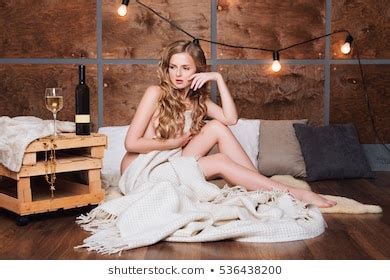 Naked Woman Wrapped Blanket Glass White Shutterstock
