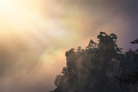 Sunrise Over Misty Mountains Zhangjiajie China Stock Photo Image Of