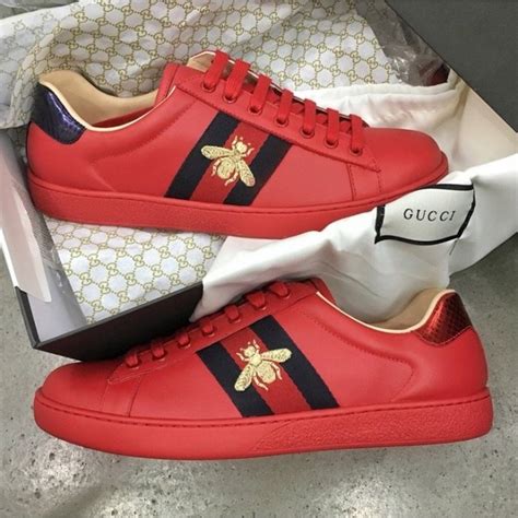 Gucci Mens Ace Embroidered Sneaker With Bees Red