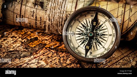 Old Vintage Compass On Ancient Map Stock Photo Alamy