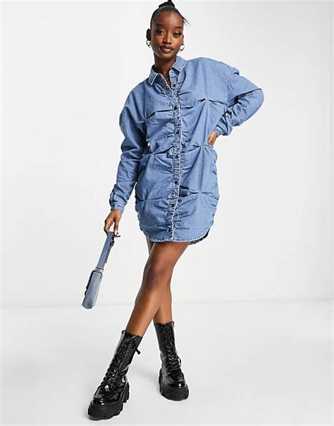 Missguided Ruched Denim Shirt Dress In Blue Asos