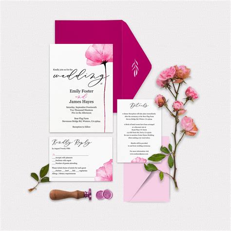 Summer Floral Wedding Invitation Template Bright Pink Wedding Etsy