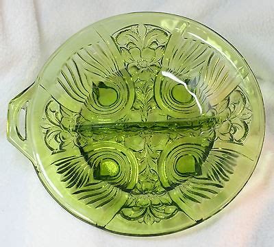 Green Depression Glass Divided Dish With Feet And Handle Floral On