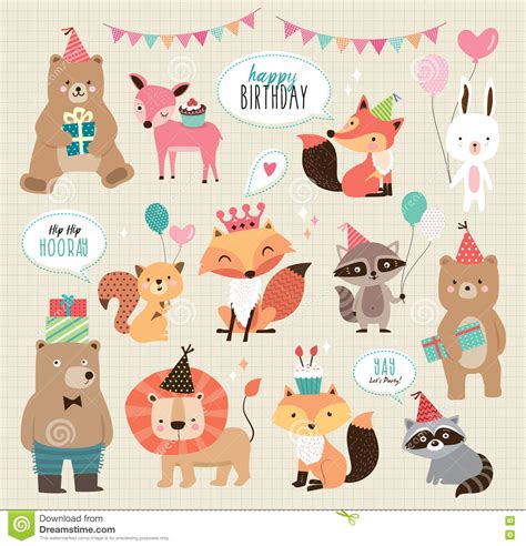 Cute Cartoon Birthday Animals Stock Vector Illustration