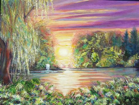 Evening Glow Waterfall Painting Painting Acrylic Art