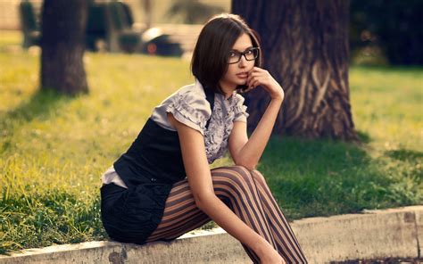 wallpaper women model brunette glasses sitting dress emotion person striped leggings
