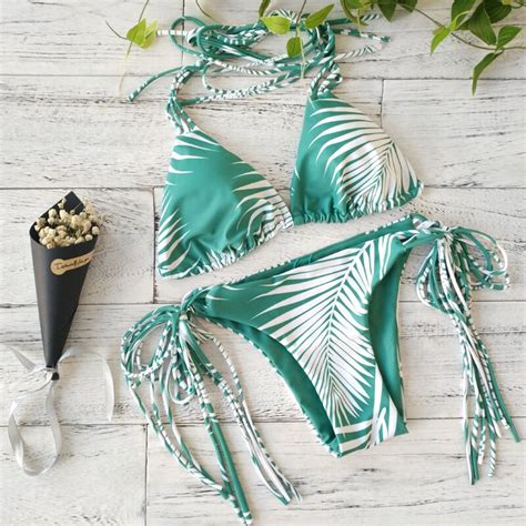Green Leaf Print Bikini Sexy Push Up Swimwear Retro Tassel Swimsuit