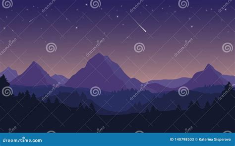 Landscape With Silhouettes Of Blue Mountains Hills And Forest And
