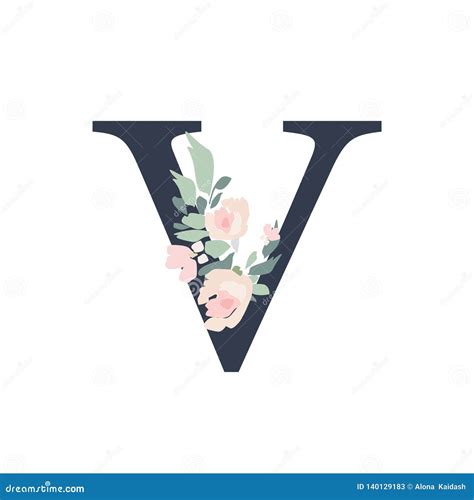 Floral Alphabet Letter V With Flowers Bouquet Compositionm Stock