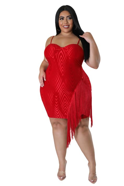 Final Sale Plus Size Spaghetti Strap Bodycon Dress With Side Fringe In