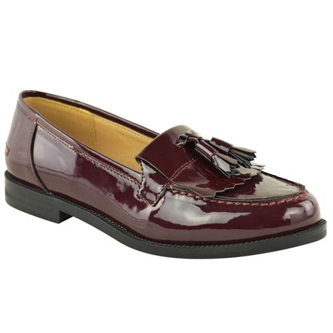 Womens Ladies Flat Casual Office Patent Faux Leather Fringe Tassel