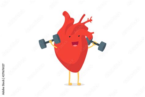 Cute Cartoon Smiling Heart Character With Dumbbells Happy Emoji Emotion
