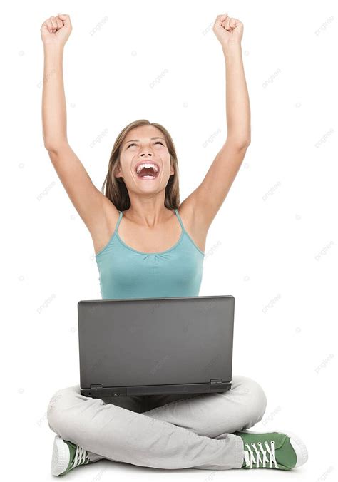 Woman With Laptop Winning With Success Sitting Raised Winning Photo