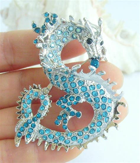 Vintage Chinese Dragon Brooch Pin Pendant Lake Blue Rhinestone Crystal