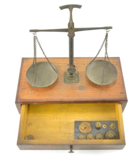 Antique Gold Balance Scales Wood Case Brass Weights