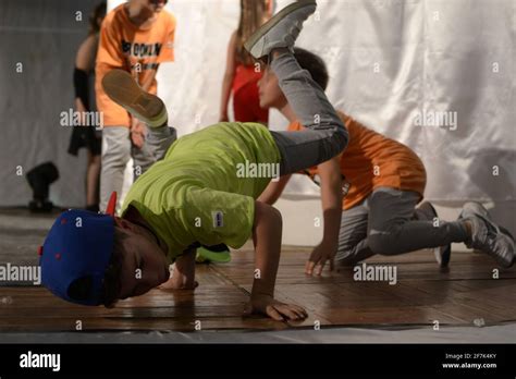 Boy Dancing Breakdance In Frozen Child Position Baby Freeze Breakdance