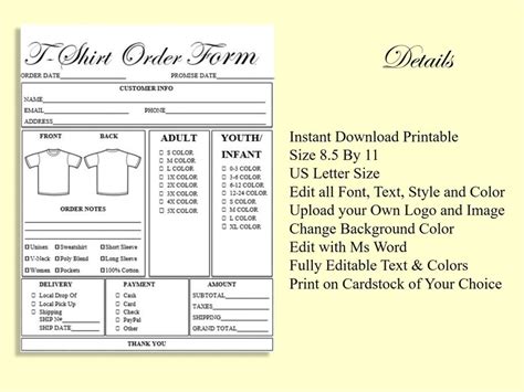 Editable Tshirt Order Form Printable Ready To Use Template Etsy