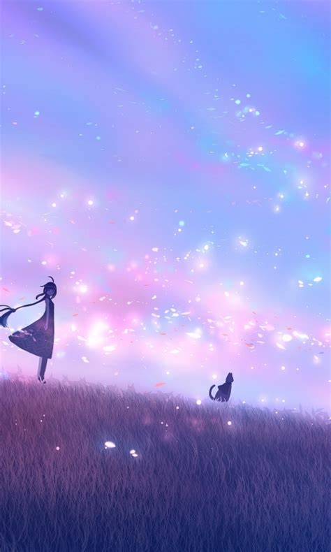 Wallpaper Anime Girl Anime Landscape Glowing Particles Cat