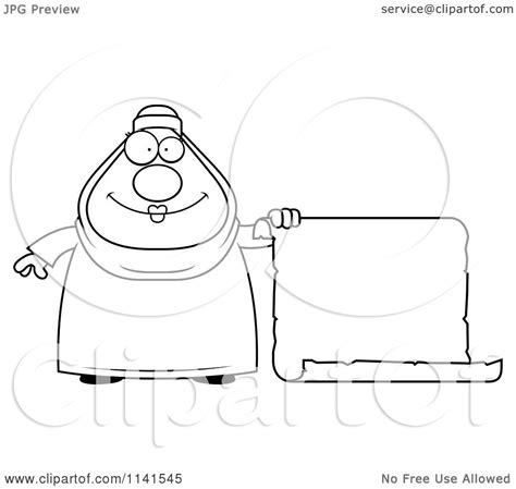Cartoon Clipart Of A Black And White Chubby Muslim Woman With A Sign