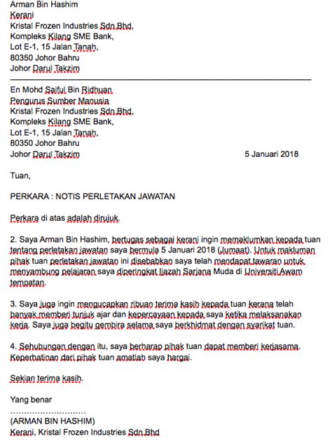 I) contoh surat berhenti kerja hotel dengan sebulan notis (kerja di hotel). Contoh Surat Berhenti Kerja Dalam Bahasa Melayu & Bahasa ...